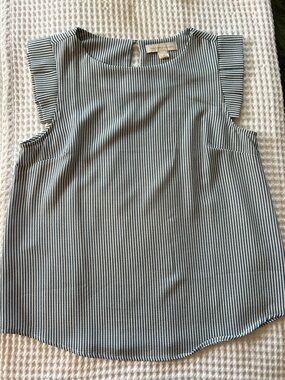 Monteau Blue & White Pinstripe Ruffle Sleeve Blouse